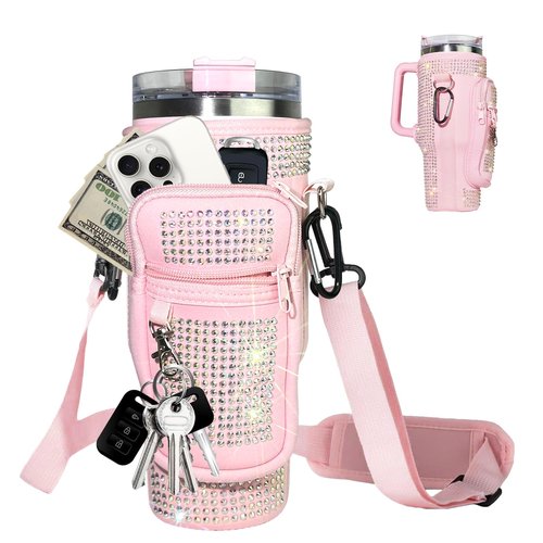 mpmpssss Shining Diamond Water Bottle Carrier Bag with Phone Pocket for Stanley 40 oz Tumbler Neoprene Water Bottle Holder Pouch with Adjustable Strap Bollus & Carabiner for Stanley Cup Accessories.