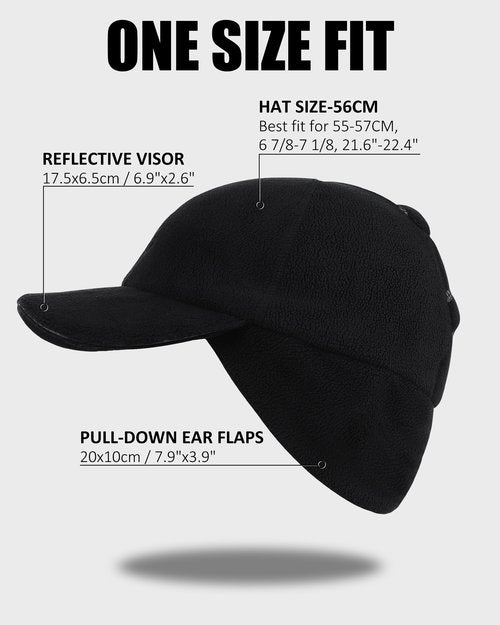 PivotWing Winter Hats for Women, Ponytail Hat with Ear Flaps Stretchy Fleece Winter Hiking Walking Running Cap Reflective Visor Baseball Caps Cold Weather Running Gear for Women Black