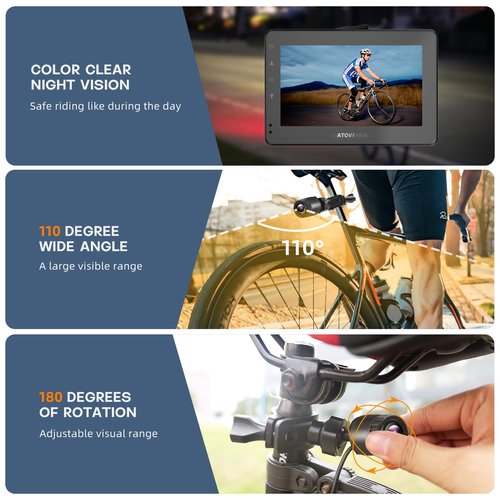 Bicycle Rear View Camera with 8000mAh Rechargeable Battery, 4.3''Waterproof HD 1080P Monitor with Sunshade, 3Mins Installation Bike Camera for Mountain, Ebike, Road Bike