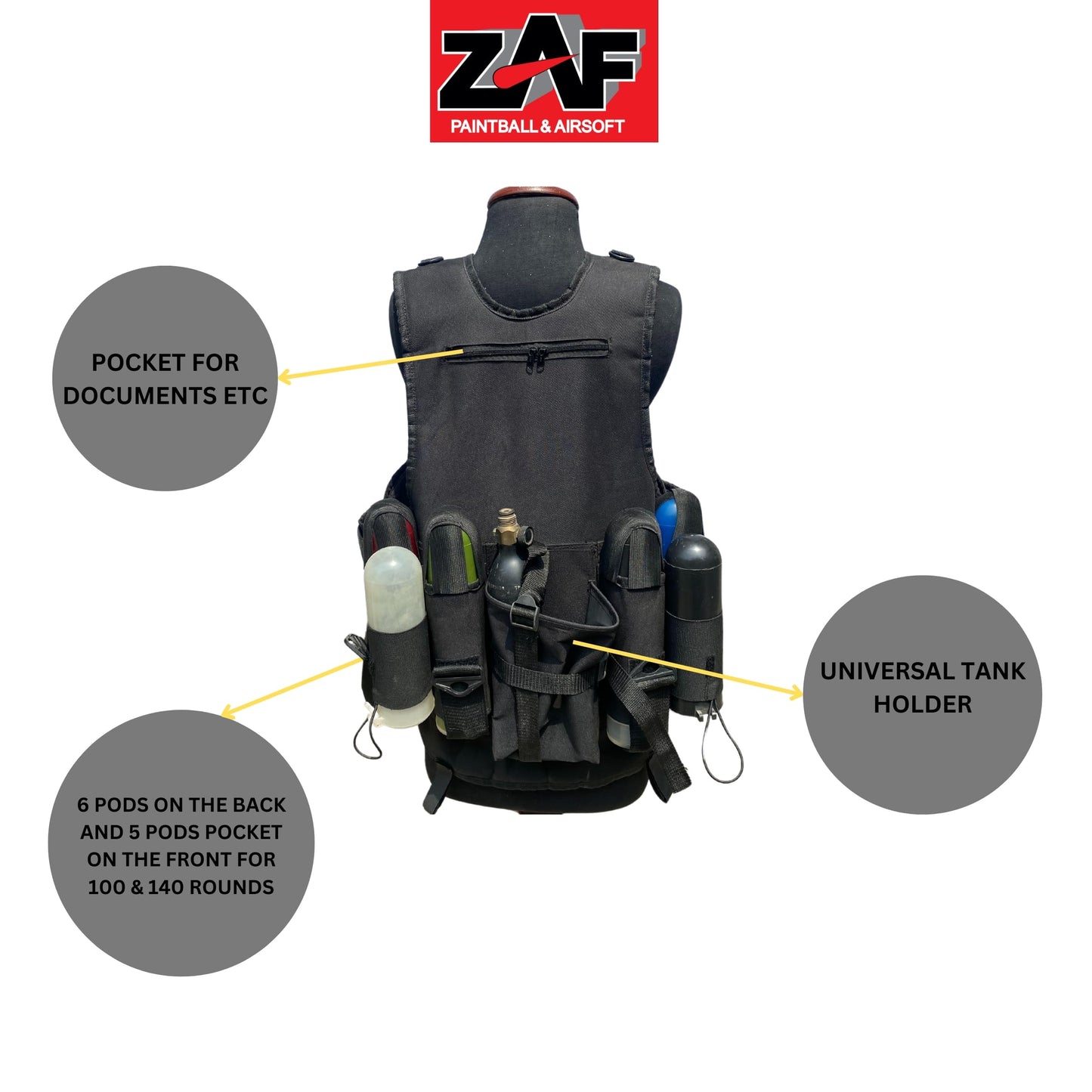 Generic 11 pod paintball vest with free size half finger gloves and barrel pouche, unisex