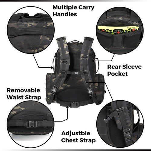 DBTAC Tactical Backpack 50L Large Classic Army 3-DAYS Assault Pack Molle Bag for Outdoor Hiking/Travel/Work (Black Camo)