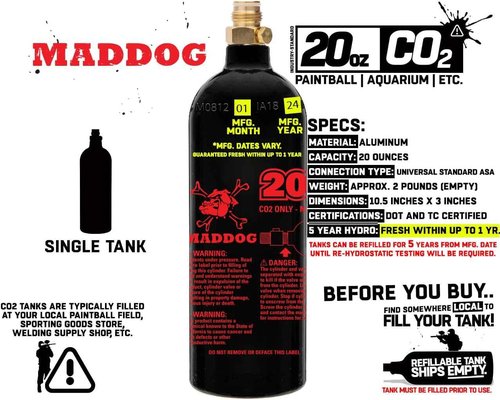 20 Oz Refillable Aluminum CO2 Paintball Tank by Maddog - Lightweight & Durable