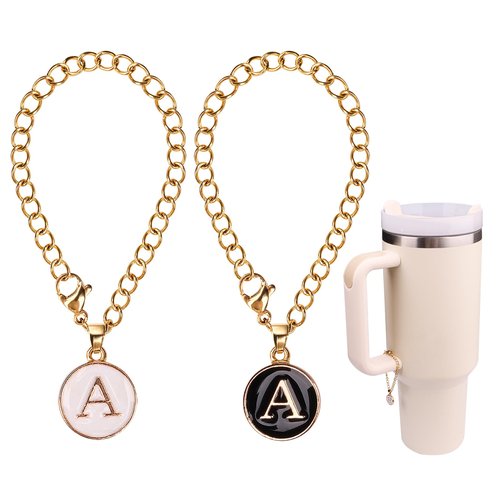 HEYSKAY 2Pcs Water Bottle Letter Accessories for Stanley Cup, Name ID Handle Charm for Simple Modern Tumbler, Round Initial A (White & Black) With 14K Gold Plated Chain
