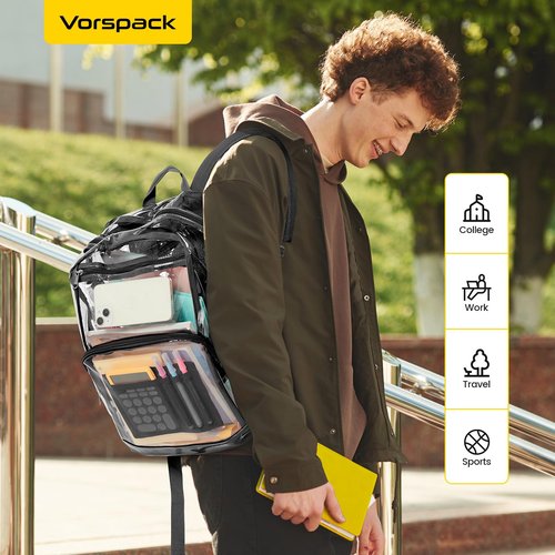 Vorspack Clear Backpack Heavy Duty - Large Transparent Bookbag for Adults, See Through Backpack for College, Work, Travel - Black