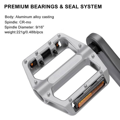 Mountain Bike Pedals 9/16 Inch - Bicycle Flat Pedals with Reflectors - Lightweight Aluminum Alloy Wide Platform Pedals for Mountain Bike, BMX, Road Bike Pedals (Sliver)