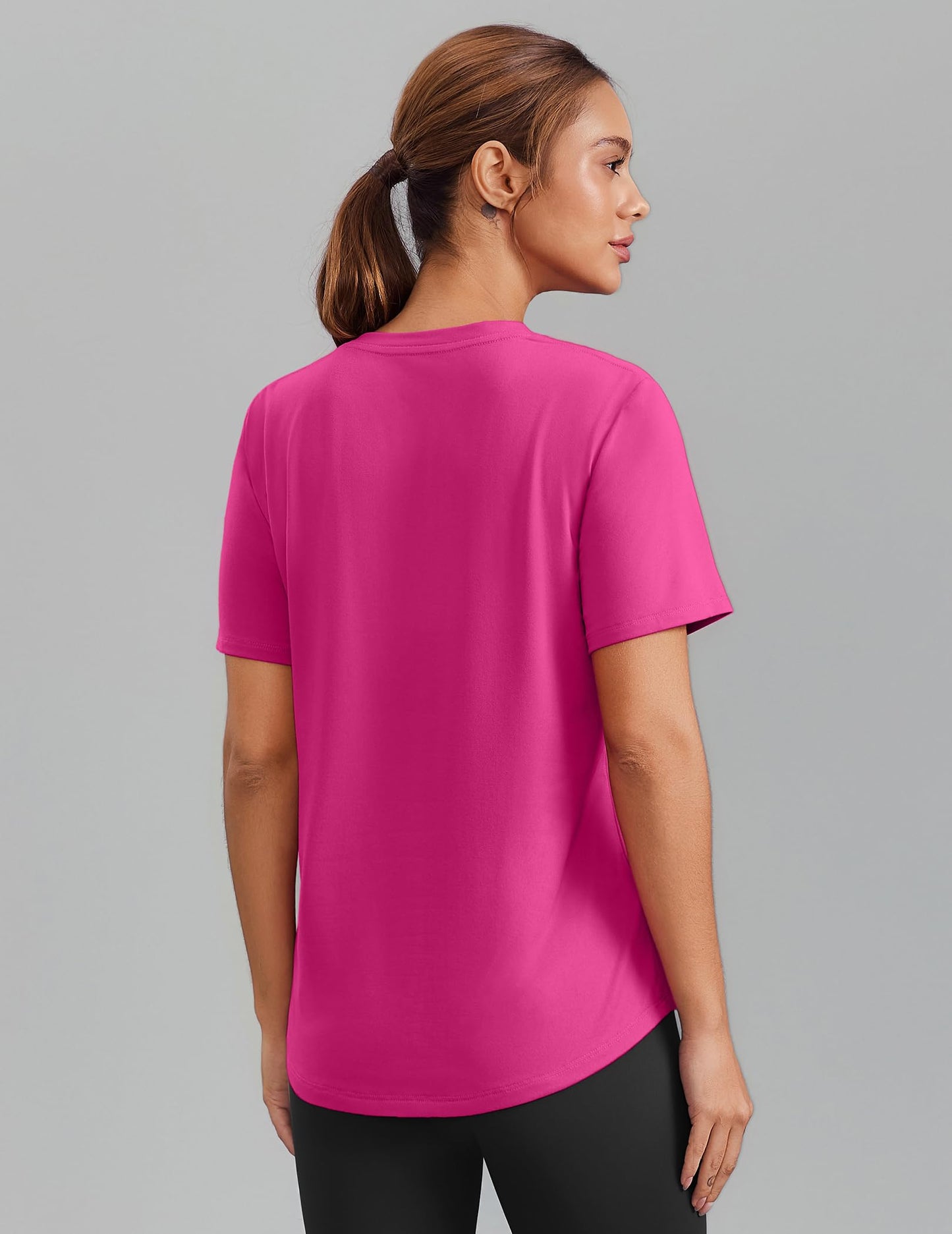 PINSPARK Womens Running Tops Short Sleeve V Neck Quick Dry Athletic Shirts Moisture Wicking Gym Workout T-Shirts Lightweight,Hot Pink Small