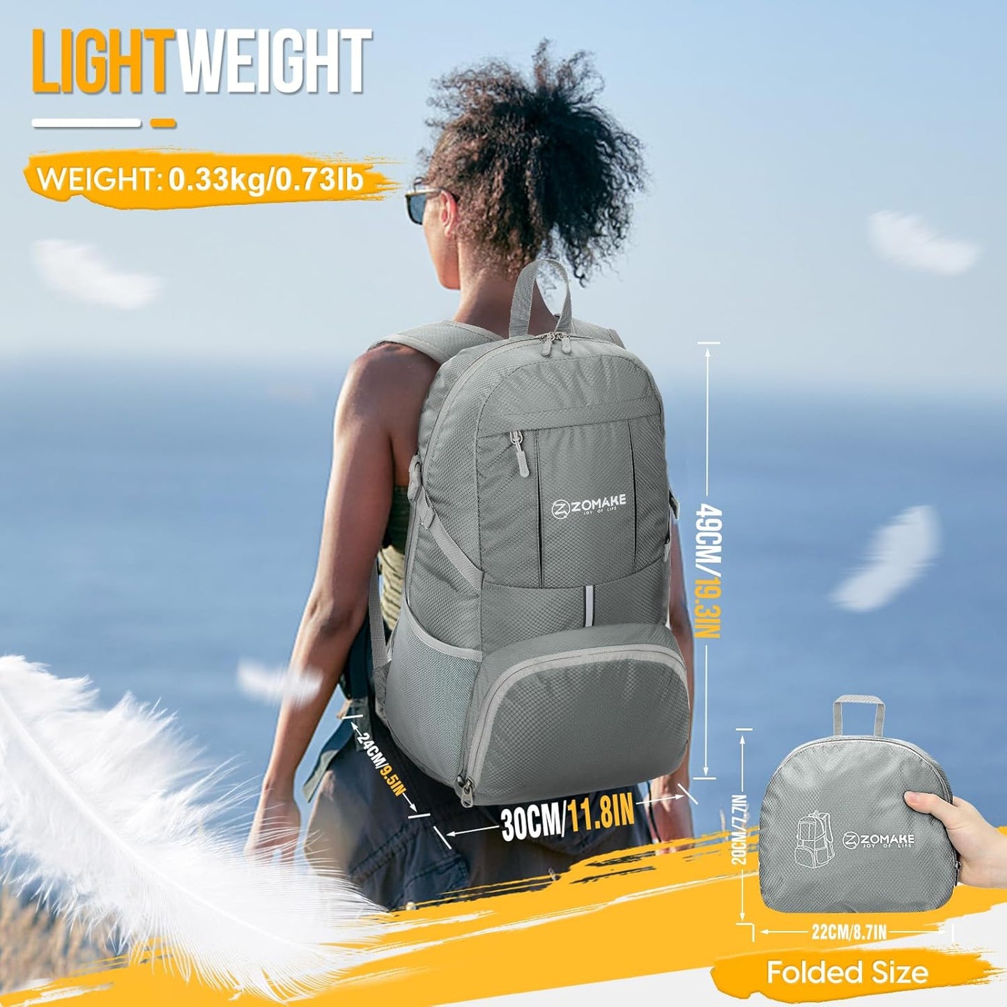 ZOMAKE Lightweight Packable Backpack 35L, Light Foldable Backpacks Water Resistant Collapsible Hiking Bag, Compact Folding Day Pack for Travel Camping(Black)