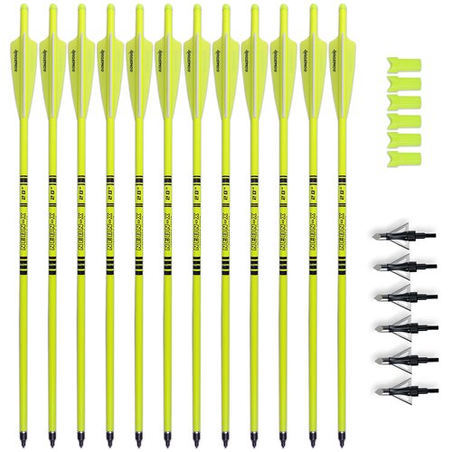 BOWSOUL Crossbow Bolts 20inch Fluorescence Color Carbon Crossbow Hunting Arrows with 4" Vanes and Replaced Arrowhead/Tip (12 Pack) (Fluorescein Yellow&Broadhead)