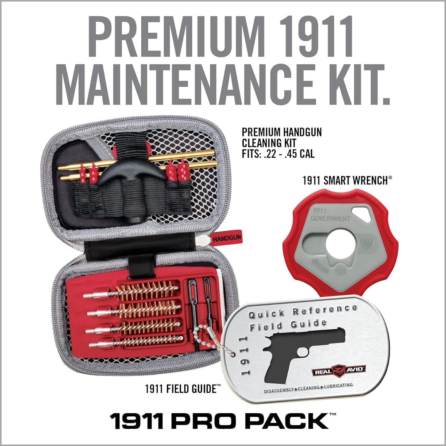 Real Avid Pistol Cleaning Kit 1911 Accessories | 1911 Bushing Wrench Takedown Tool 45 ACP Caliber 22 38 9MM 40 45 Cal Gun Tools & 1911 Field Guide | 9mm Cleaning Kit w/ Gun Cleaning Brush Rods Patches