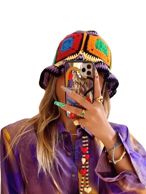QWINEE Crochet Bucket Hat Colorblock Crochet Straw Hat Foldable Packable Knitted Fishing Hat Boho Daily Life Beach Hat Multicolor One Size
