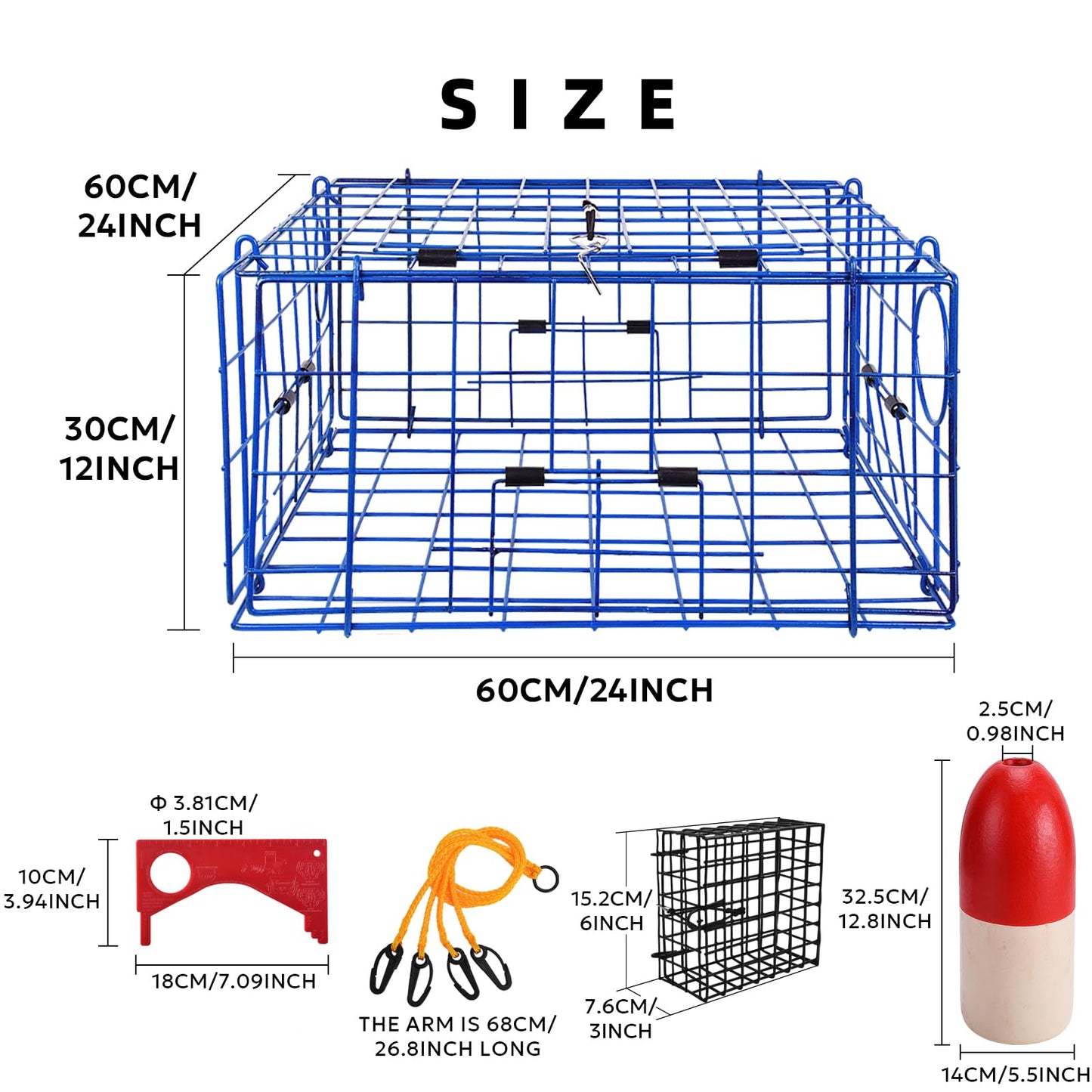 A1FISHER 2 Packs Pacific Folding Crab Trap 24''x24''x12'' Kit, with Crab Bait Cage, Gauge Measure, Trap Harness, 5/16" Dia-100’ Leaded Core Rope with 12.8’’x5.5’’ Red/White Float Buoy for Dungeness