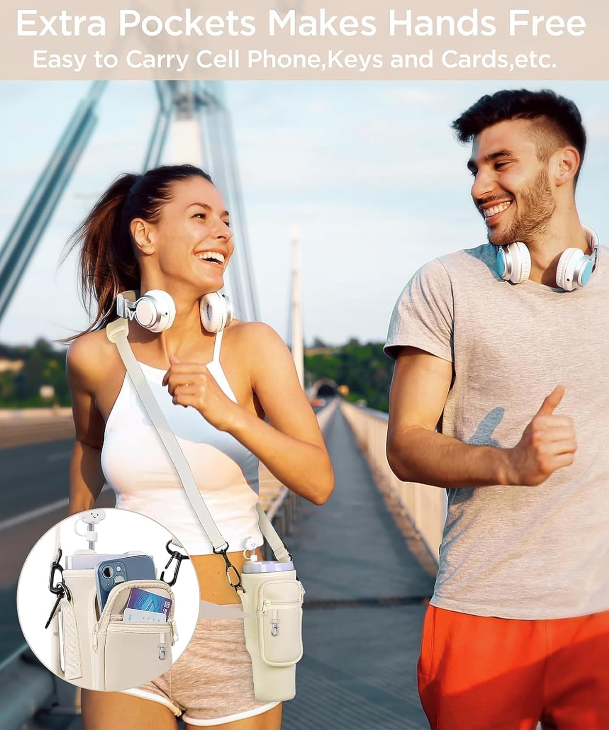 AFIAFTY Water Bottle Holder with Strap, Stanley Bag/Stanley Cup Holder with Strap for Stanley Quencher H2.0 40 oz, Tumbler Accessories with Coal Ball Pendant & Carabiner, Stanley Cup Accessories