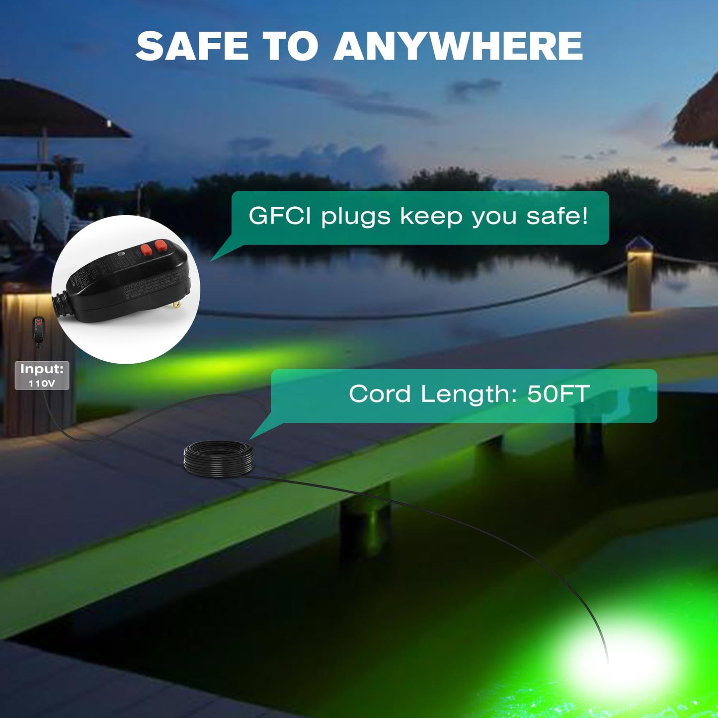 Goldlife 110V Underwater Fishing Light with 50ft Cable, 400W 40000LM Foldable GFCI Safety Plug Brightness Green LED Light Attractants for Docks/Boats/Kayaks, IP69K Rated for Fresh & Salt Water