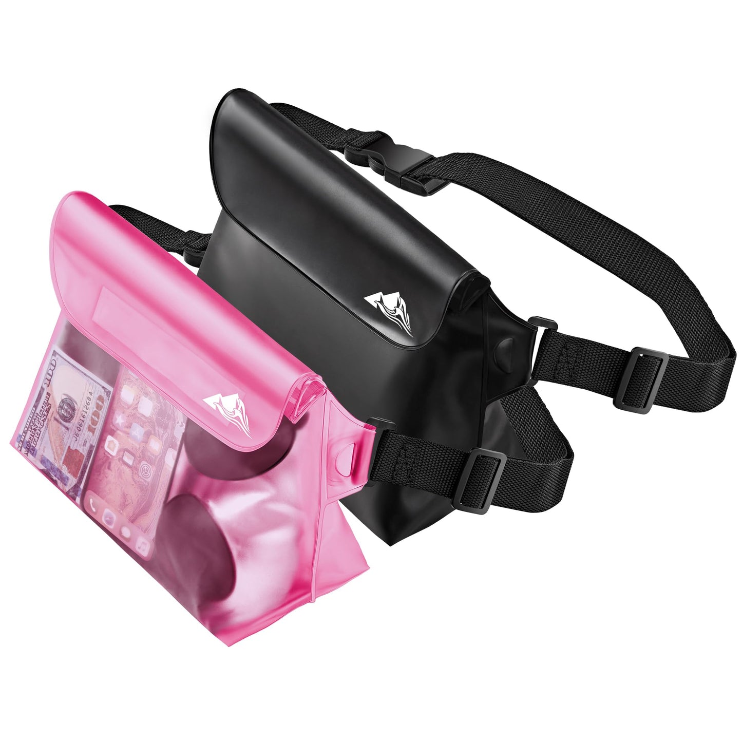 HEETA 2-Pack Waterproof Pouch with Waist Strap, Screen Touchable Dry Bag with Adjustable Belt for Phone Valuables for Kayaking Swimming Snorkeling Boating Fishing Surfing Beach (Black & Pink)