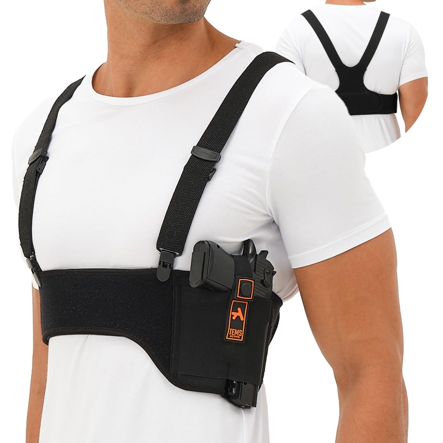 Tems Active Shoulder Holster for Concealed Carry – Concealed Chest Holster, Universal Gun Holster for Men & Women Fits Glock, S&W, Sig and Most Pistols (45“ (Fits Bust/Belly Sizes up to 42"), Right)