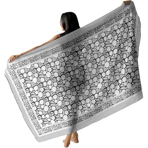 100% Cotton Sarong Coverup for Women Indian Hand Block Print Swimsuit Pareo Wrap Skirt Beach Bikini Cover Up Long (73" x 43")