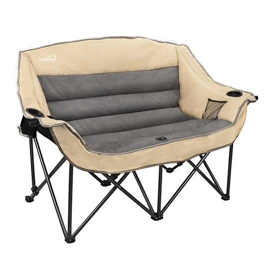 2 Person Fully Padded Camping Chair Oversized Loveseat Camping Chair Double Camping Chairs for Adults Heavy Duty Outdoor Camping Couch, Padded Seats & Armrests, 600Lbs, Beige