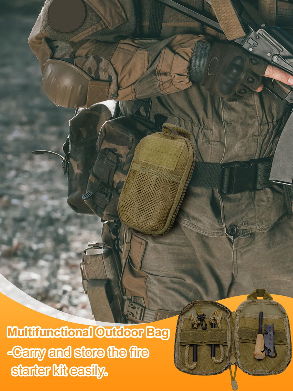 Fire Starter Survival Tool, Fire Starter Kit Includes Magnesium Rod, Steel Striker, 2 Pcs Wick Hemp Rope and Multifunctional Outdoor Bag, Fire Starters for Campfires Hiking Survival Training Gift