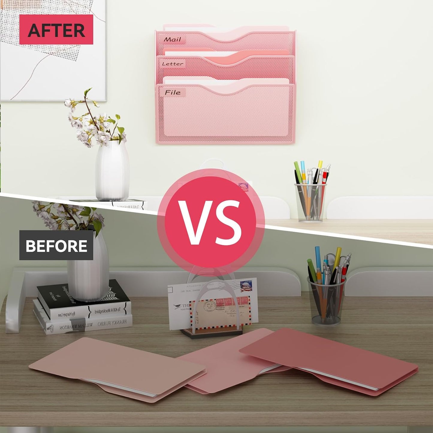 5 Pockets Mesh Hanging Wall File Holder Organizer Wall Mounted Paper Magazine Rack, Black