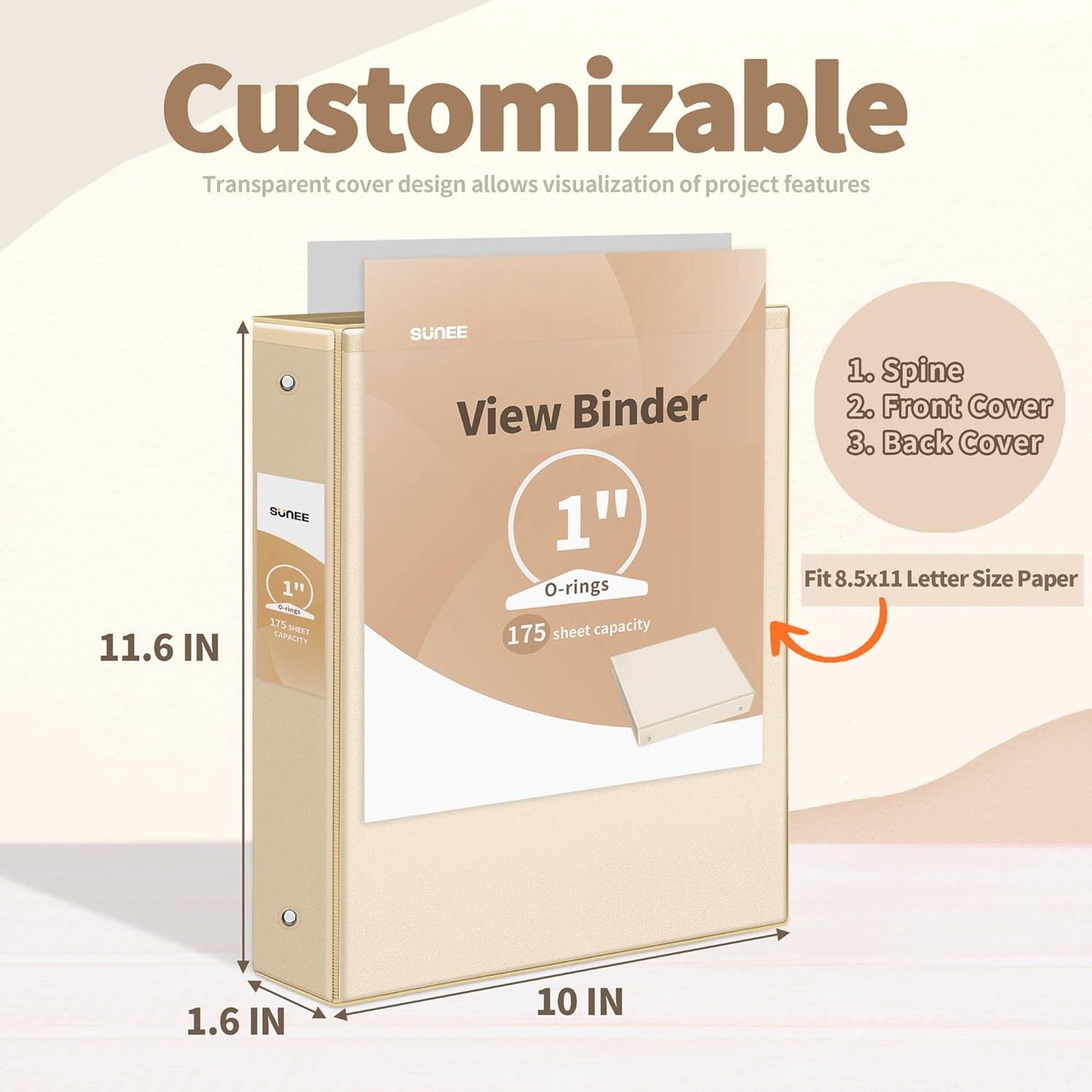 SUNEE 3 Ring Binder 1.5 Inch 4 Pack, Clear 1 1/2 Inch View Binder Three Ring PVC-Free (Fit 8.5x11 Inches) for School or Office Supplies, Neutral Aesthetic