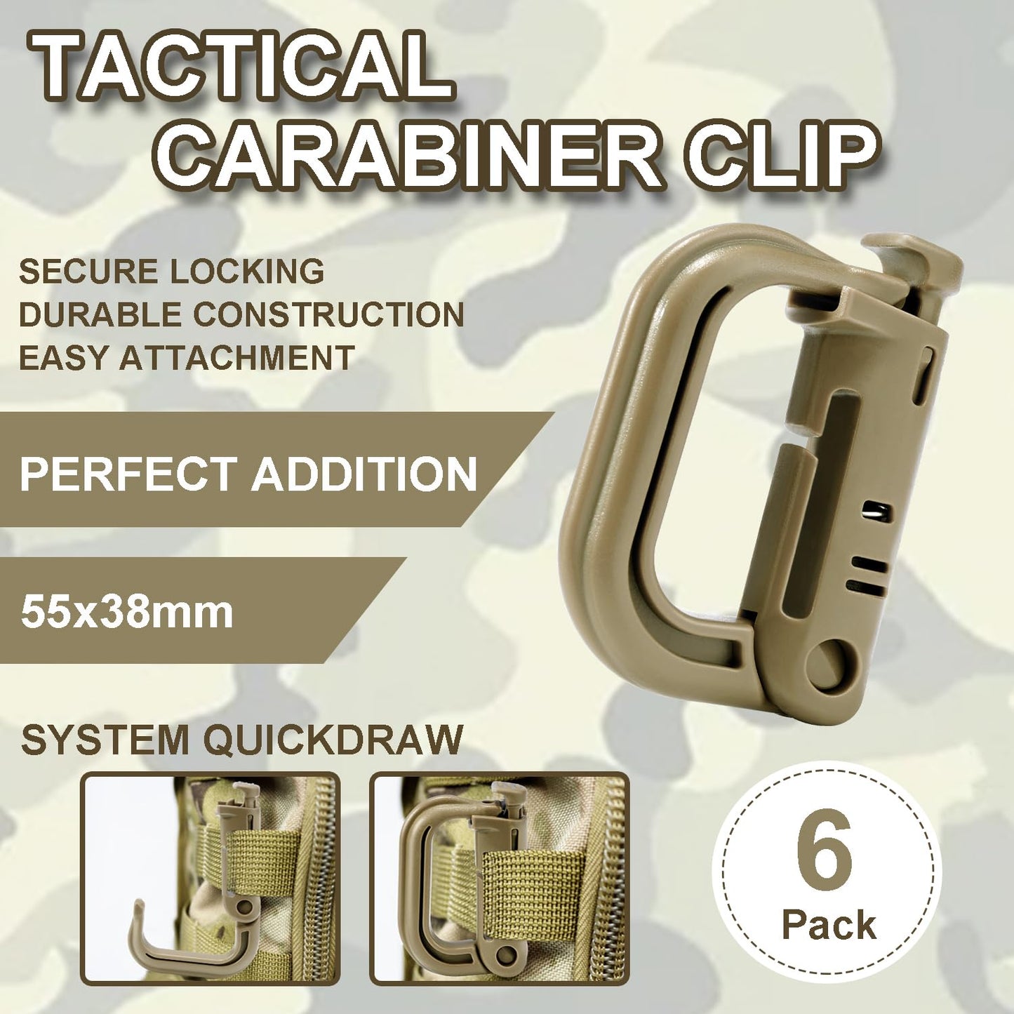 6 Pack 2.12“ Tactical Locking D Ring Plastic Carabiner Backapck Molle Hook Clip for Webbing Straps Bag (Khaki)