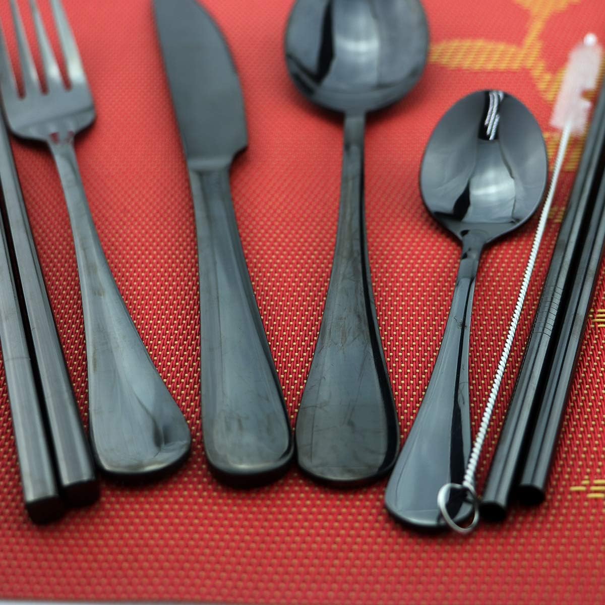 8 Pieces Stainless Steel Mirror Poblished Flatware Set Reusable Cutlery Set Travel Utensils Set with Straws for Camping Office or School Lunch,Dishwasher Safe (Rose Gold)