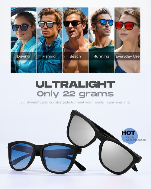 MESHA Polarized Square Sunglasses for Men Women, UV400 Protection Unisex Sun Glasses for Driving Fishing Golf, Classic Frame Shades, Light Weight, Silver Lens