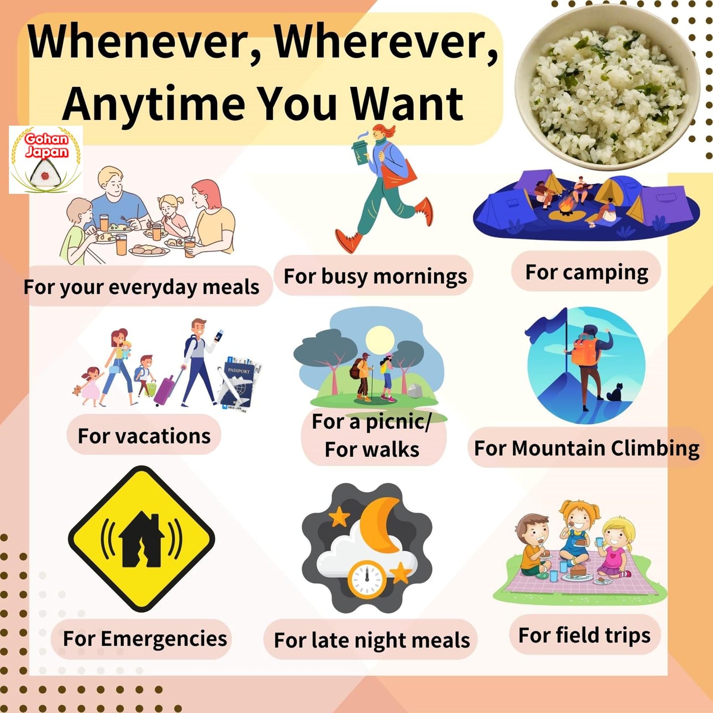 GOHAN JAPAN Wakame Seaweed Dried Alpha Rice (100% Japan-based) for Camping Mountain Climbing Emergencies 100g/3.5oz (A filling 260g/9.2oz meal) per 1-pack by Onisi Foods (3-packs, 300, Gram)