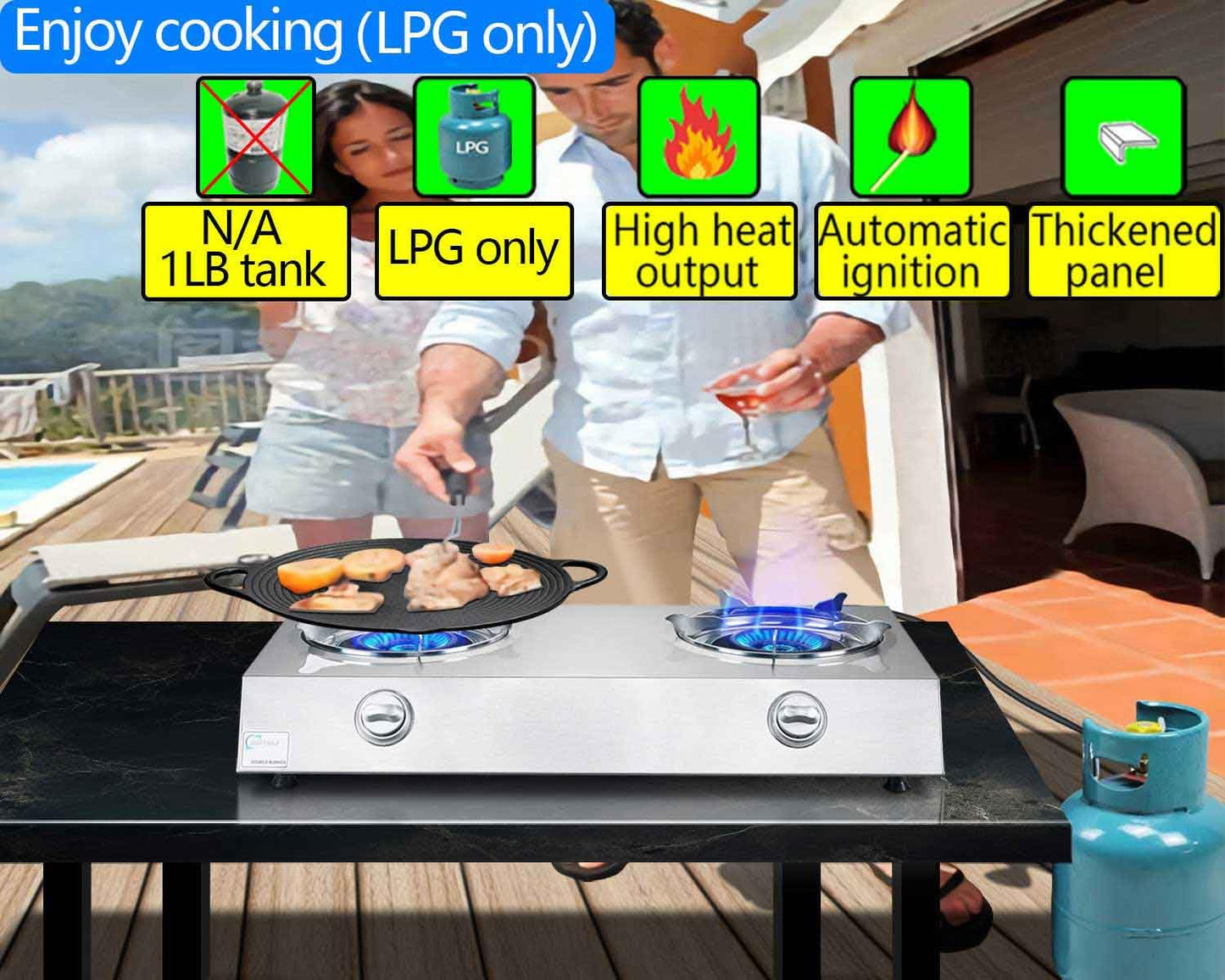 Horynar Propane Stove 2 Burner Auto Ignition Propane Burner 26000 BTU Gas Stove with CSA LPG Hose for Outdoor, Emergency