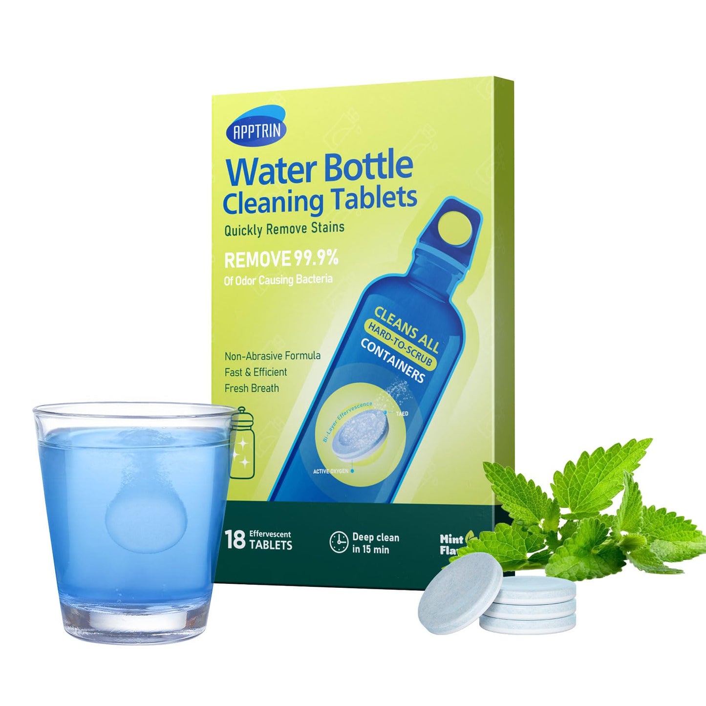 apptrin Water Bottle Cleaning Tablets, 18 Pack Bottle Clean Tablet Hydration Bladder Cleansing Tablets for Hydration Bladder, Water Bottle, Individually Packed, Mint Flavor