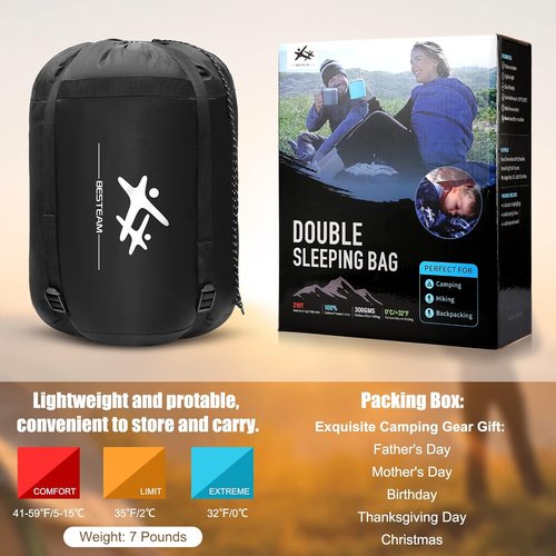 Double Sleeping Bag Flannel for Adults Kids, Queen Size for 2 Person with 2 Pillows, Warm & Cold Weather Sleeping Bag for Camping, Hiking, Waterproof Lightweight with Compression Sack