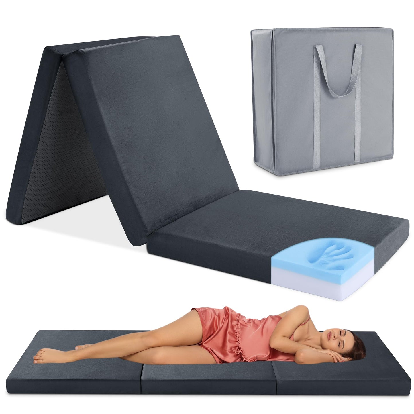 HOMBYS Tri Folding Memory Foam Camping Mattress for Outdoor Sleeping, Portable Waterproof Camping Pad Mat for Travel Truck Bed Tent,72" L x 24" W, Grey