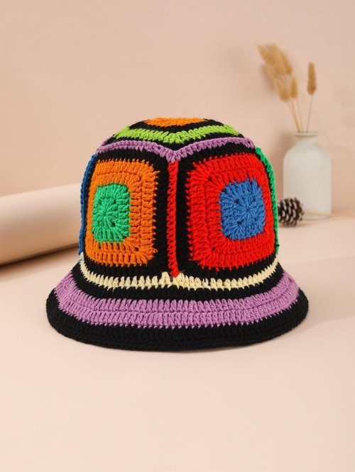 QWINEE Crochet Bucket Hat Colorblock Crochet Straw Hat Foldable Packable Knitted Fishing Hat Boho Daily Life Beach Hat Multicolor One Size