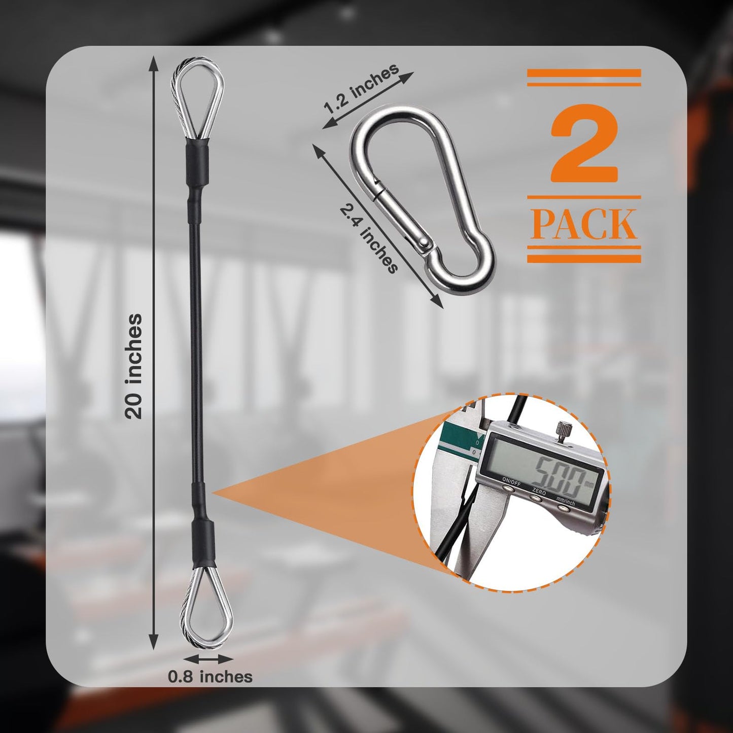 AIKESIWAY 2PCS Gym Cable Extension,Replacement Cable Machine Accessories,Cable Pulley Attachments for Gym -Thick 5mm(0.2inch) Heavy Duty Steel Wire Rope for Home Gym Cable (20 inch (2PCS))