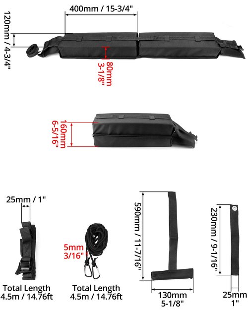 QWORK Universal Car Roof Rack Pads - Cargo Carrier Protector, Luggage Carrier System for Kayaks, Surfboards, Canoes, SUP, Snowboard- with 16 Ft Waterproof Tie-Down Straps & Storage Bag
