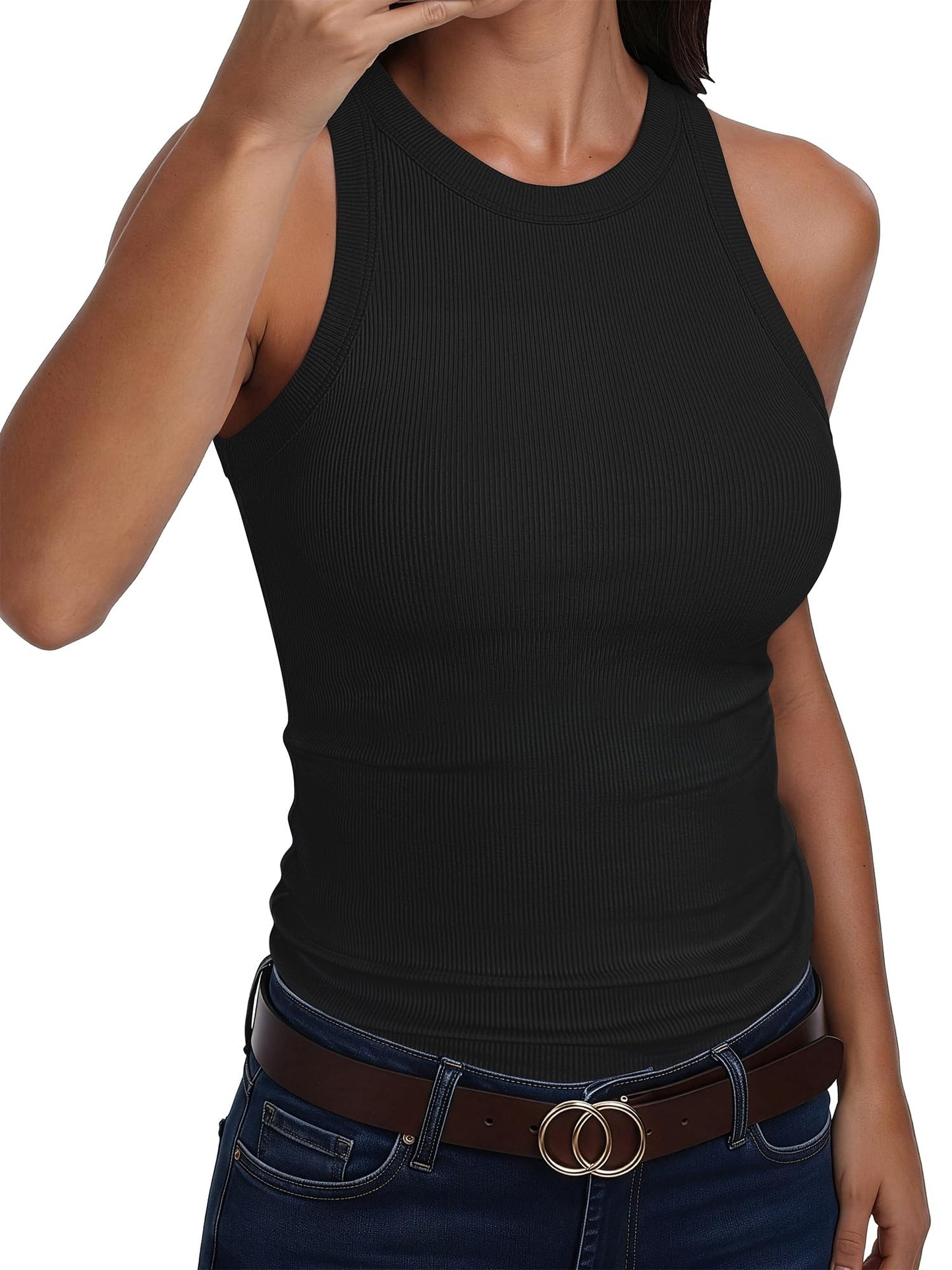 ANRABESS Sleeveless Tank Tops for Women High Neck Racerback Ribbed Knit Top Summer 2026 Casual Basic Slim Fit Workout Shirts Black Large