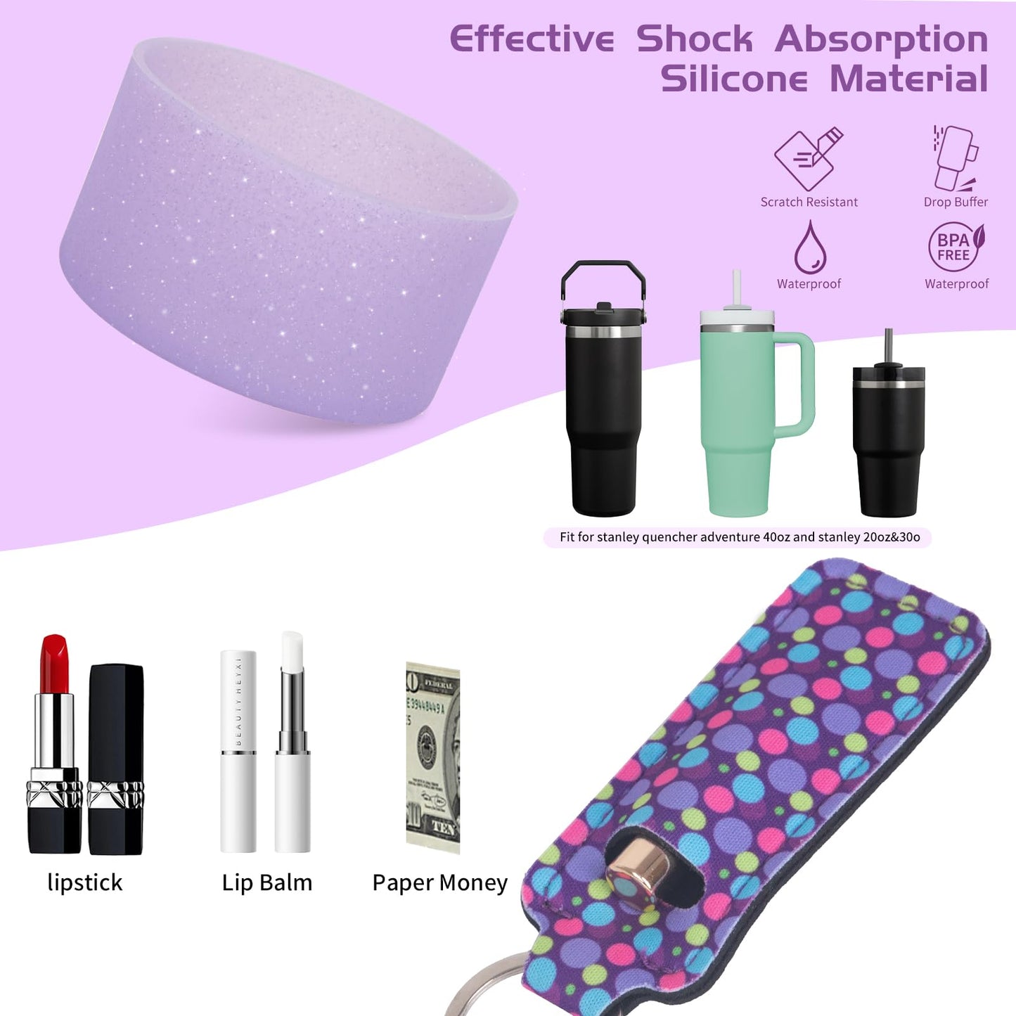6PCS Use for Stanley Cup Tumbler Accessories 40oz 30oz,Compatible with Stanley Cup Tumbler Water Bottle Handle Sling Strap for Carrying (purple)