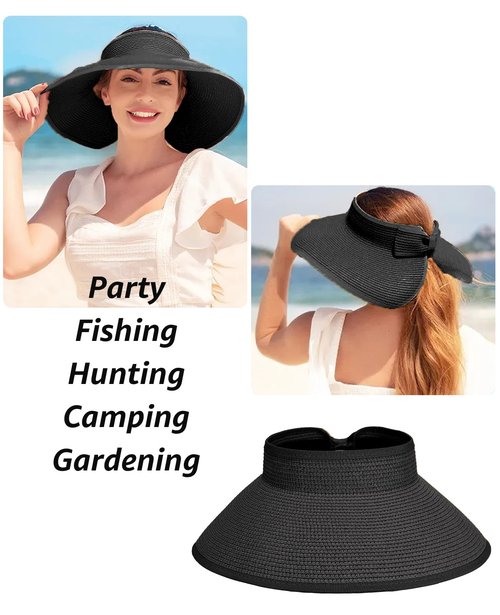 Sun Visor Hat for Women, Wide Brim Straw Summer UV Protection Hat, Foldable Roll-up Packable Beach Cap （Black）