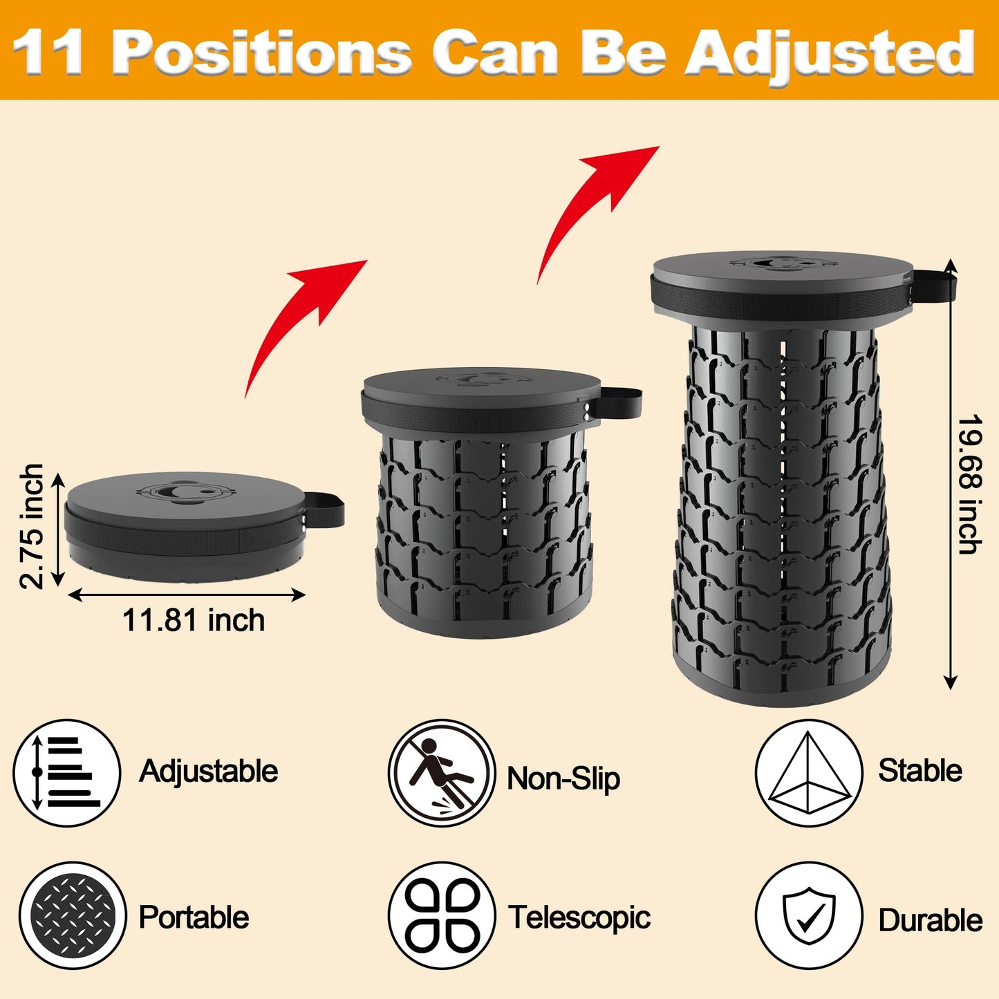 ALEVMOOM Upgraded XXL 19.7" Collapsible Stool, Heavy Duty Portable Folding Stool Max Load 1000 lbs, Retractable Telescoping Foldable Seat for Camping Fishing Hiking Travel BBQ