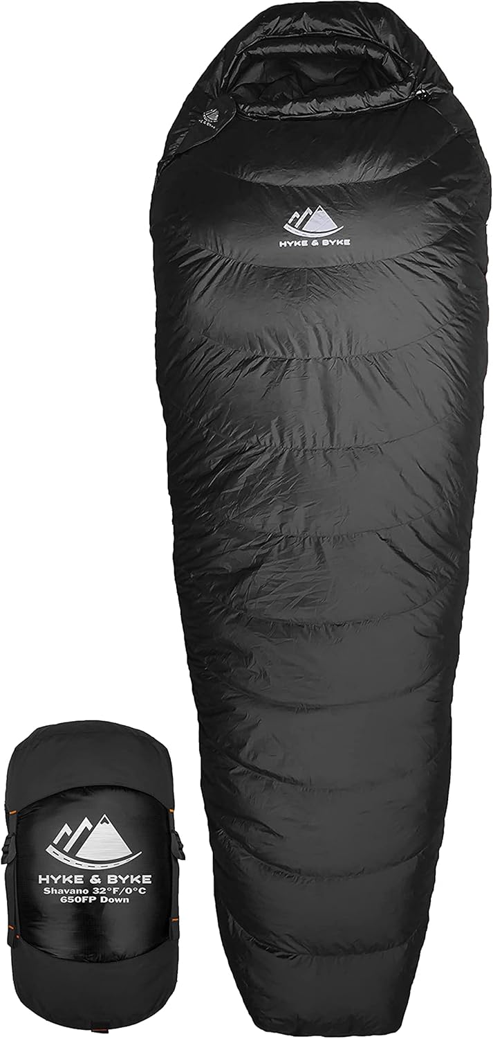 Hyke & Byke Shavano 32 F Hiking & Backpacking Sleeping Bag - 3 Season, 650FP Duck Down Sleeping Bag - Ultralight - Black - 78in - Regular