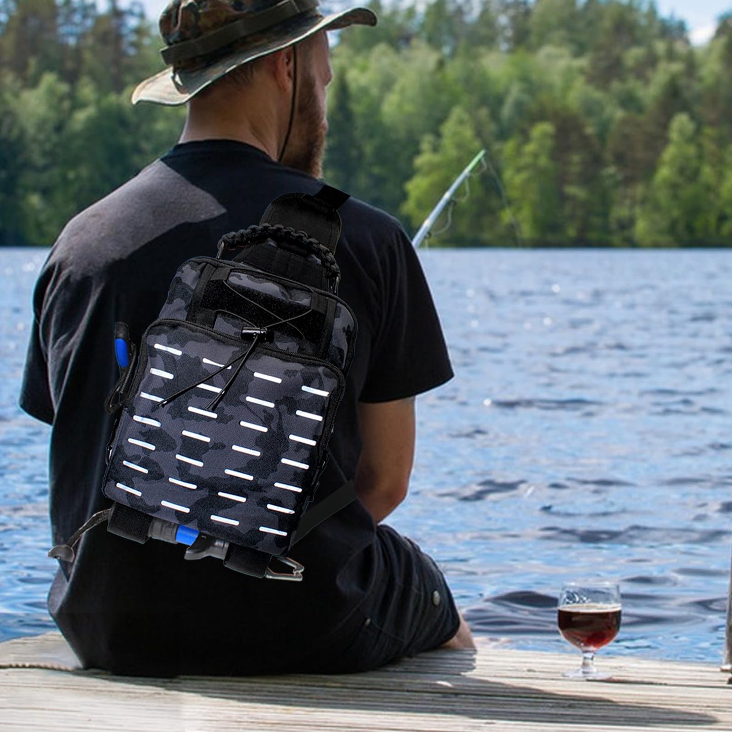 Fishing Tackle Bag with Rod Holders, Multifunctional Reflective Stripes Backpack Crossbody Sling Bags with Earphone Hole, Weatherproof Fashion Outdoors Bags for Fishing, Camping, Hiking