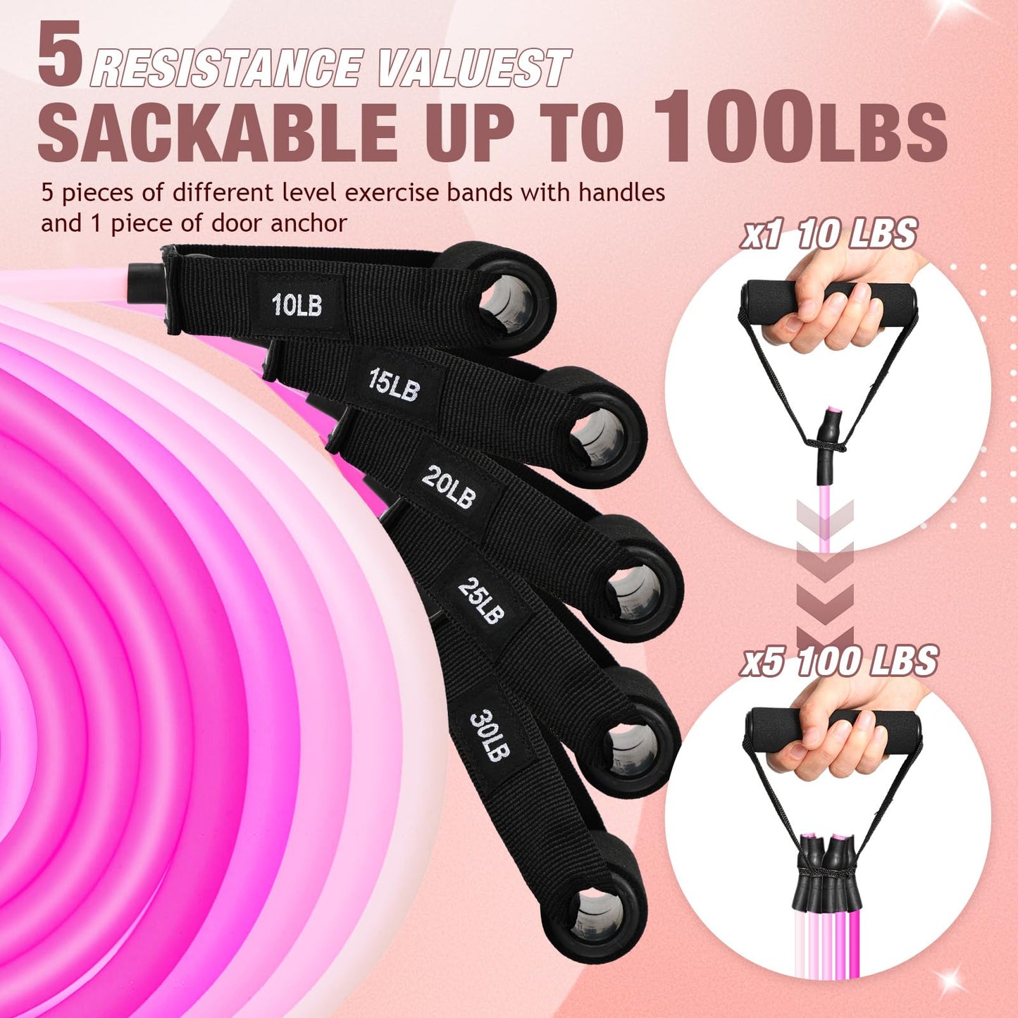 5 Pcs Exercise Resistance Bands with Handles Workout Bands Physical Resistance Tube Bands with Door Anchor for Men Women Muscle Toning Strength Training (Pink)
