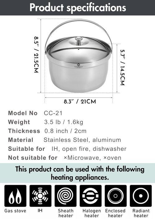CAMPINGMOON 3.0L Cooking Pot 3-ply Stainless Steel IH Compatible Rice Cooker CC-21