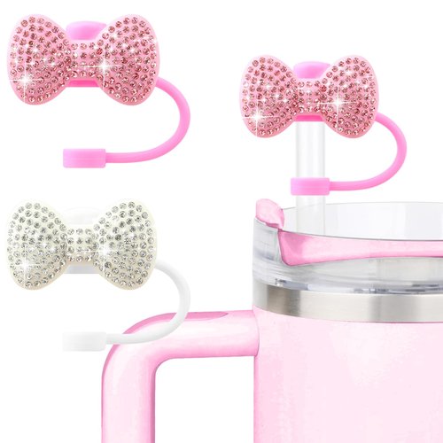 SEMATA 2PCS Cute Bow Straw Cover Cap for Stanley Cup Accessories,Bling Crystals Straw Toppers for Stanley Tumbler 40&30 oz,Rhinestone Reusable Straws Tips Protectors Compatible with 10mm Straws