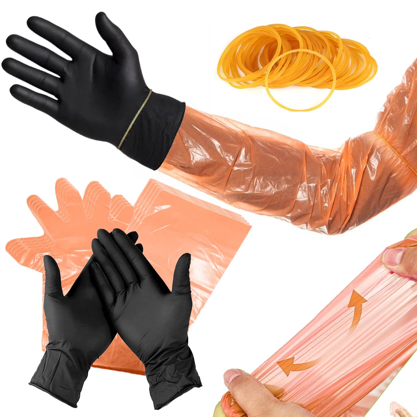 60 Pairs Field Dressing Gloves Deer Gutting Hunting Cleaning Mittens Accessory Kit Include Disposable Arm Gloves and Short Nitrile Gloves Combo with Rubber Bands Black Orange