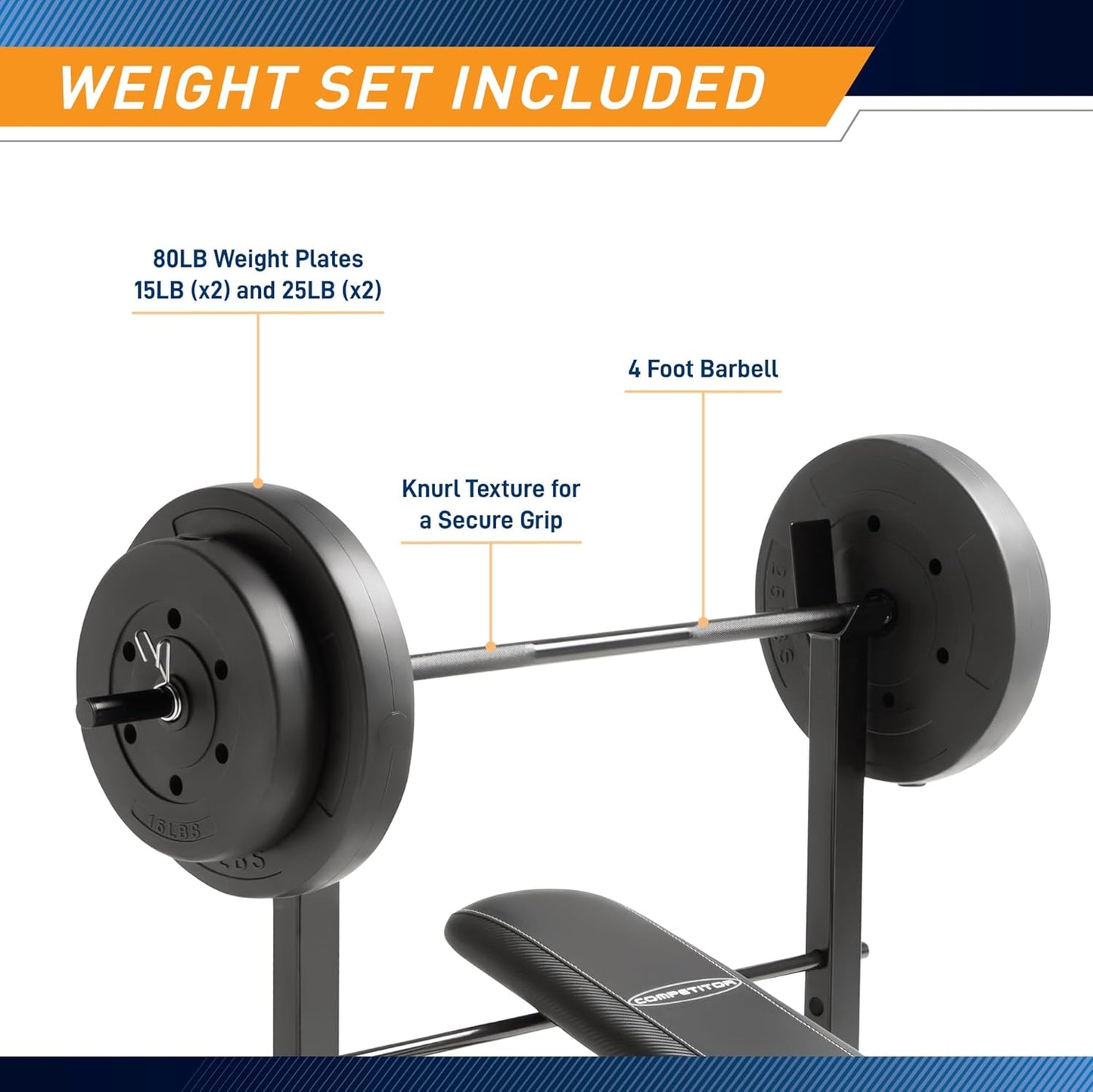 Marcy Standard Weight Bench with 80lbs to 100 lbs Vinyl-Coated Weight Set for Strength Training, Weight Lifting for Personal Home Gym