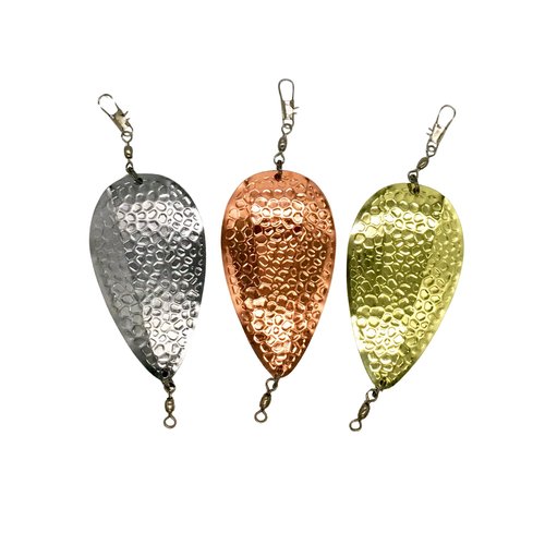 KOKOPROS Kokanee Salmon Dodgers Hammered Spring Jets 4-Inch, 3-Pack - Copper, Silver, Gold - Color Plated Metal - Reflective Fishing Dodgers for Salmon & Trout