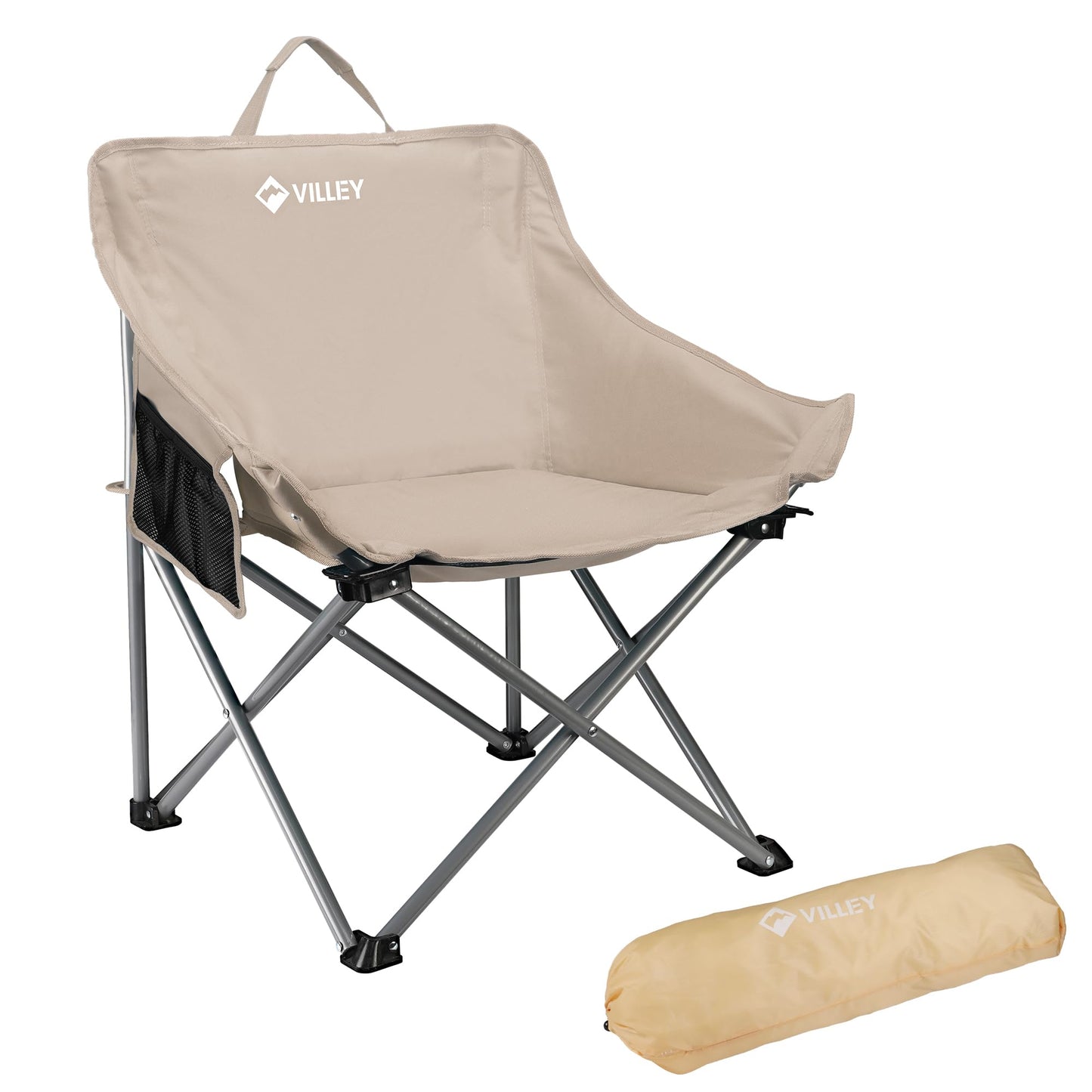VILLEY Camping Chair Beach Folding Chair, Outdoor Lawn Portable Lightweight Chair, Foldable Chair with Carry Bag, for Outside Hiking, Fishing, Travel, Beach and Sports, Beige