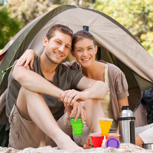 Purpeak 12 Pcs Silicone Collapsible Cup 7.04 oz Folding Camping Travel Collapsible Coffee Cup Portable Reusable Expandable Drinking with Lids for Outdoor Hiking(Multi Colors)