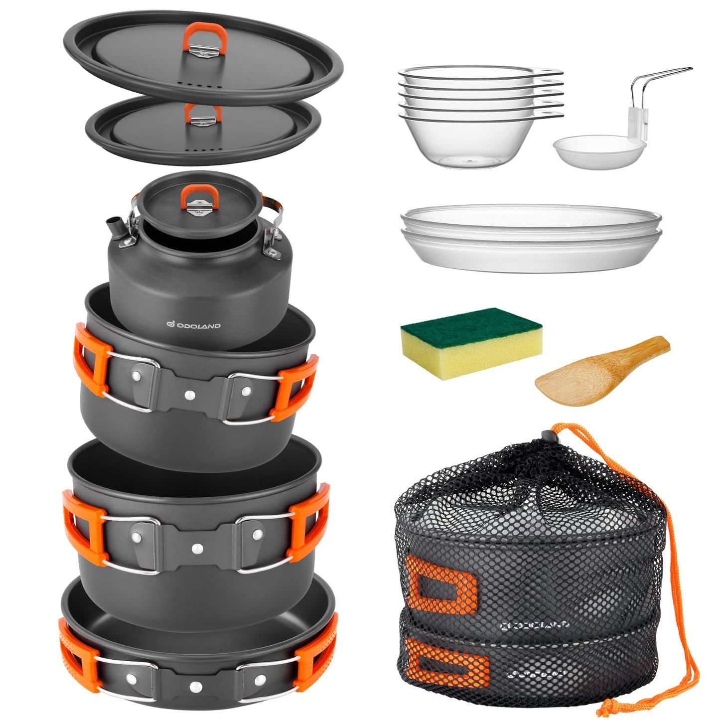 Odoland 15pcs Camping Cookware Non-Stick Lightweight Camping Pots and Pans Set with Kettle Plastic Plates Bowls Soup Spoon for Camping, Backpacking, Outdoor Cooking and Picnic